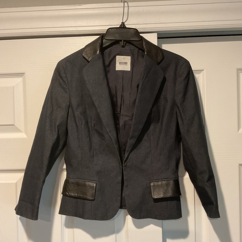 Moschino Vintage Black Cotton Leather Trim Blazer Suit Dress Jacket Casual US 6